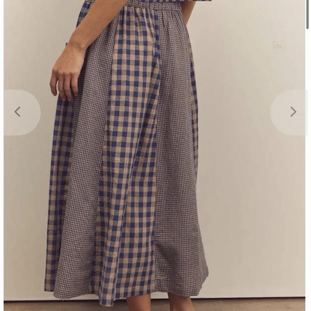 Amente LA Gingham Midi Skirt A-Line Preppy Cottagecore Elastic Waist Pockets - Picture 2 of 10